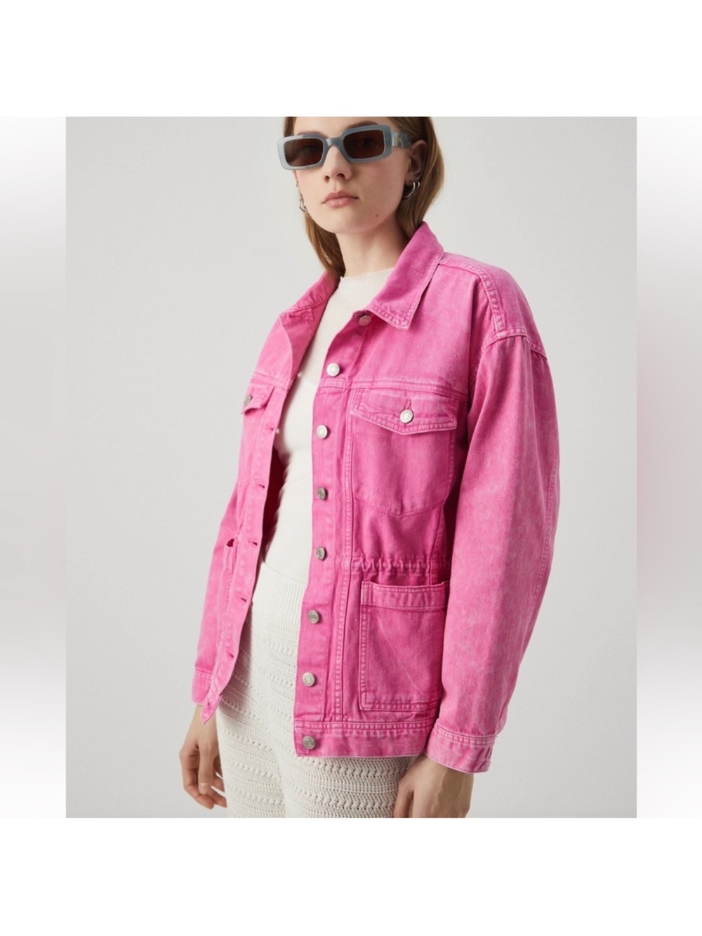GAP Denim Jacket with Drawstring Waist Oversized Hot Pink size Medium - Picture 12 of 13